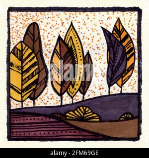 Abstrakte dekorative Landschaft Aquarell Illustration. Ruhiger Aquarell-Hintergrund mit Bäumen, Büschen und Hügeln. Aquarellmalerei mit schwarzer Farbkontur und Mustern. Poster, Hintergrund, Karte. Stockfoto