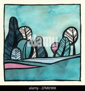 Abstrakte dekorative Landschaft Aquarell Illustration. Ruhiger Aquarell-Hintergrund mit Bäumen, Büschen und Hügeln. Aquarellmalerei mit schwarzer Farbkontur und Mustern. Poster, Hintergrund, Karte. Stockfoto