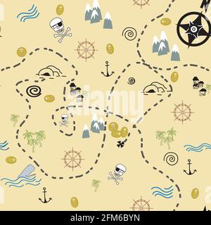 Pirate Map Illustration Vektor nahtlose Wiederholung Muster Stock Vektor