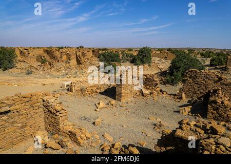 Blick auf das verlassene Dorf Kuldhara in der Nähe von jaisalmer, Rahasthan, indien. Stockfoto