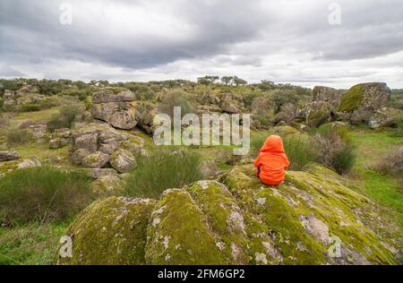 Granitlandschaft des Naturparks Cornalvo, Extremadura, Spanien Stockfoto