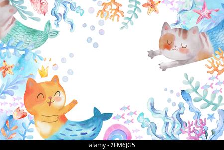 Unterwasser Aquarell Hintergrund mit Katze-Meerjungfrau, Purrmaid, Algen, Fisch. Seesterne Korallen, Regenbogen, Muscheln Meer Elemente. Cartoon Kinder Illustration Stockfoto