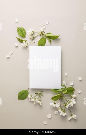 Elegante florale Komposition mit Papier blank in der Mitte von grauem Hintergrund. Branding-Modell, Weihnachtsmarketing-Konzept. Zusammensetzung von Kirsche und Stockfoto