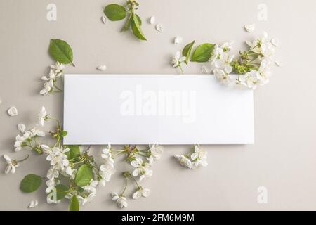 Elegante florale Komposition mit Papier blank in der Mitte von grauem Hintergrund. Branding-Modell, Weihnachtsmarketing-Konzept. Zusammensetzung von Kirsche und Stockfoto