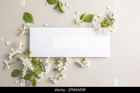 Elegante florale Komposition mit Papier blank in der Mitte von grauem Hintergrund. Branding-Modell, Weihnachtsmarketing-Konzept. Zusammensetzung von Kirsche und Stockfoto