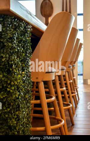 Hohe Barhocker aus Holz mit Rücken stehen in einer Reihe neben der Theke. Natürliches Holz gelb. Nahaufnahme. Selektiver Fokus. Speicherplatz kopieren. Stockfoto