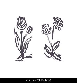 Hand geschnitzt fett Block drucken Blume Symbol Clip Art. Folk Illustration Design-Element. Moderner Boho dekorativer Linolschnitt. Ethnische, gedämpfte Naturtöne Stock Vektor