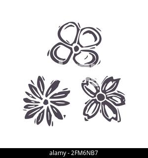 Hand geschnitzt fett Block drucken Blume Symbol Clip Art. Folk Illustration Design-Element. Moderner Boho dekorativer Linolschnitt. Ethnische, gedämpfte Naturtöne Stock Vektor