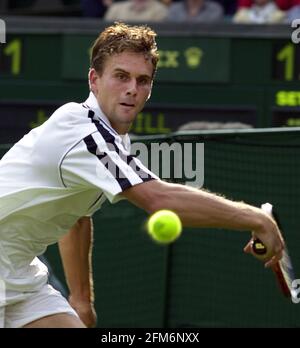 Jan Michael Gambill Tennisspieler der USA, 2000. Juni beim Spiel gegen Lleyton Hewitt aus Australien in den Herren-Singles, Erstrunde in Wimbledon. Gambill gewann 6-3, 6-2, 7-5 Stockfoto