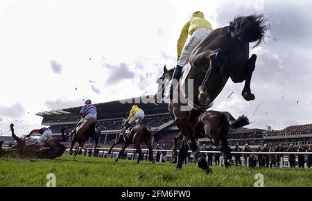 NATIONAL HUNT FESTIVAL CHELTENHAM 1. TAG DIE IRISCHE UNABHÄNGIGE ARKLE-VERFOLGUNGSJAGD FALLER AM 2. 11/3/2003 BILD DAVID ASHDOWN RACING CHELTENHAM Stockfoto