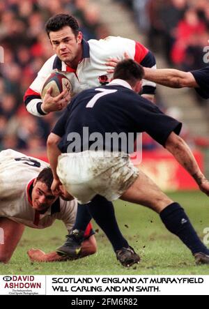 Will Carling england Kapitän versucht, an Ian Smith vorbei zu kommen Schottland V England Five Nations Championships in Murrayfeild Stockfoto