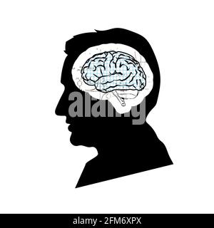 Schwarzes, detailliertes mans-Gesichtsprofil mit isoliertem mathematischem technischem Gehirn Auf Weiß Stock Vektor
