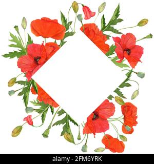 Aquarell rote Mohnblumen Rhombus Rahmen mit grünen Blättern Stockfoto