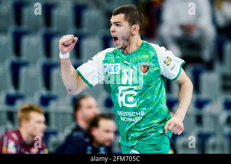 Mannheim, Deutschland. Mai 2021. Handball: Bundesliga, Rhein-Neckar Löwen - Füchse Berlin, Matchday 28, SAP Arena. Der Berliner Tim Matthes feiert ein Ziel. Quelle: Uwe Anspach/dpa/Alamy Live News Stockfoto