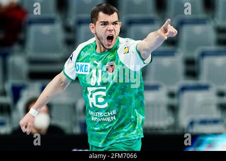 Mannheim, Deutschland. Mai 2021. Handball: Bundesliga, Rhein-Neckar Löwen - Füchse Berlin, Matchday 28, SAP Arena. Der Berliner Tim Matthes feiert ein Ziel. Quelle: Uwe Anspach/dpa/Alamy Live News Stockfoto