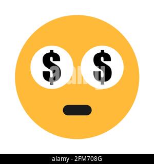 Emoticon und Emoji mit US-Dollar in den Augen. Mensch, Mensch, Mensch, Charakter und Besessenheit von Geld, Reichtum, Eigentum und Bargeld. Stockfoto