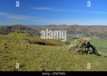 Blick auf den Long Mynd und Church Stretton von Caer Caradoc, Shropshire Stockfoto