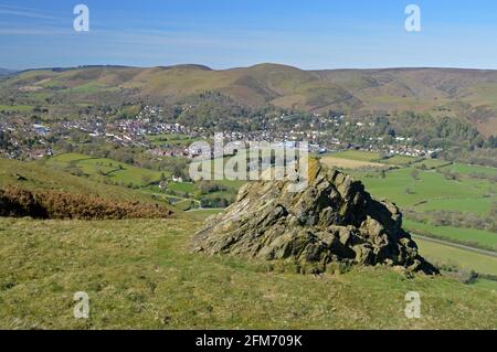 Blick auf den Long Mynd und Church Stretton von Caer Caradoc, Shropshire Stockfoto