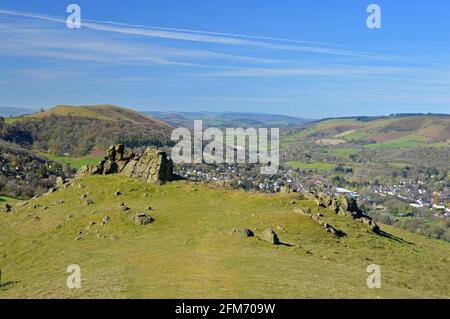 Blick auf den Long Mynd und Church Stretton von Caer Caradoc, Shropshire Stockfoto