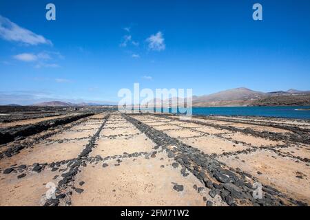 Trockene alte Salzpfannen, Salinas de Janubio, Lanzarote, Kanarische Inseln, Spanien Stockfoto