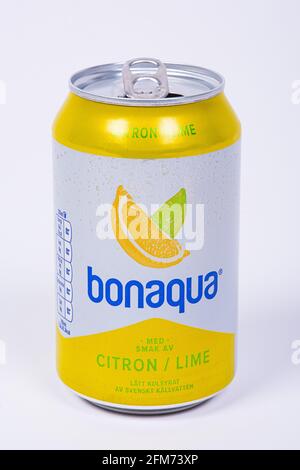 Göteborg, Schweden - 2019. Juni: Dose Bonaqua Citron Lime. Stockfoto