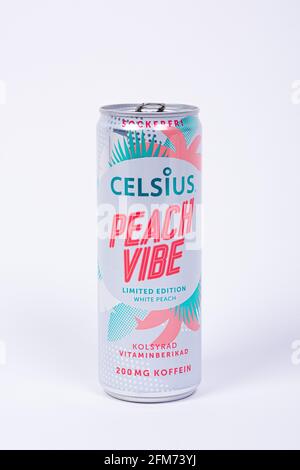 Göteborg, Schweden - 2019. Juni: Dose Celsius Peach Vibe Limited Edition. Stockfoto