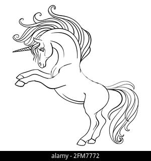 Kleines Einhorn mit langer Mähne und Schwanz. Vektor schwarz-weiß Illustration für Malseite. Für Erwachsene Antistress Malbücher, Tattoo, T-Shirt Stock Vektor