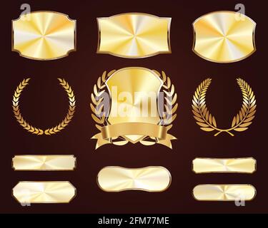 Satz goldener Schilde. Luxuriöse Goldlabels. Abzeichen aus glänzendem Metall. Sammlung von Robben, Lorbeer. Stock Vektor