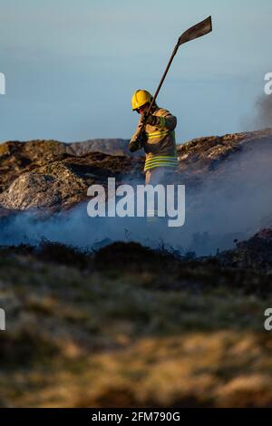 Feuerwehrmannschaften bekämpfen das Gorse-Feuer auf der Isle of Anglesey. Stockfoto