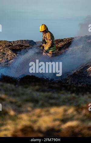 Feuerwehrmannschaften bekämpfen das Gorse-Feuer auf der Isle of Anglesey. Stockfoto