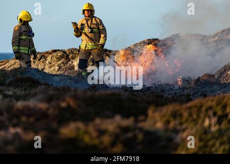 Feuerwehrmannschaften bekämpfen das Gorse-Feuer auf der Isle of Anglesey. Stockfoto