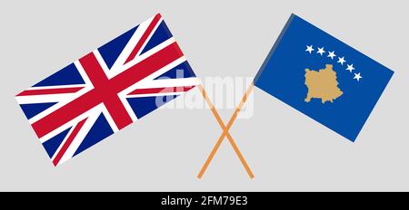 Gekreuzte Flaggen des Kosovo und des Vereinigten Königreichs. Offizielle Farben. Korrektes Verhältnis. Vektorgrafik Stock Vektor