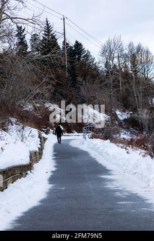 Winterspaziergang, Fußgängerspaziergang entlang des Elbow River Pathway, Calgary, Alberta, Kanada. Stockfoto