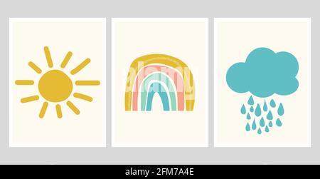 Niedliche Poster im skandinavischen Stil mit Regenbogen, Wolke und Sonne. Kindliche Zeichnung für Kinderzimmer-Design. Spaß Doodle Regenbogen. Handgezeichnete Abbildung Stock Vektor