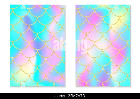 Satz von holographischen Regenbogen Hintergrund. Goldschuppen der Meerjungfrau. Hologrammdruck für Einladungskarte. Vektor. Stock Vektor