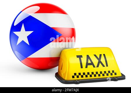 Taxi-Service in Puerto Rico Konzept. Gelbes Taxi Auto Schild mit Puerto Rican Flagge, 3D Rendering isoliert auf weißem Hintergrund Stockfoto