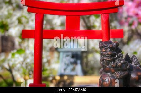 Torii-Tor mit Birnen- und Kirschblüten im Hintergrund Stockfoto