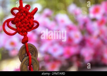 Chinesischer Feng Shu Reichtum und Erfolg Münzen mit Knot. Chinesische Neujahrsdekoration Stockfoto