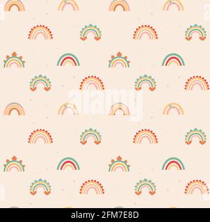 Zarte Regenbögen im Boho-Stil. Vektor nahtloses Muster auf einem beigen Hintergrund. Flachdruck mit Dino-Dekorelementen. Für Tapeten, Verpackungen, Textilien und mehr Stock Vektor