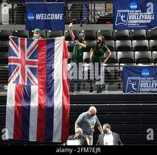 Columbus, Ohio, USA. Mai 6, 2021 - Hawaii-Fans feierten in dieser Saison zum ersten Mal mit ihrem Team während eines Spiels zwischen den Hawaii Rainbow Warriors und der UC Santa Barbara Gauchos im Halbfinale der NCAA Männer Volleyball Championships im Covelli Center auf dem Campus der Ohio State University in Columbus, OH - Michael Sullivan/CSM Credit: CAL Sport Media/Alamy Live News Stockfoto