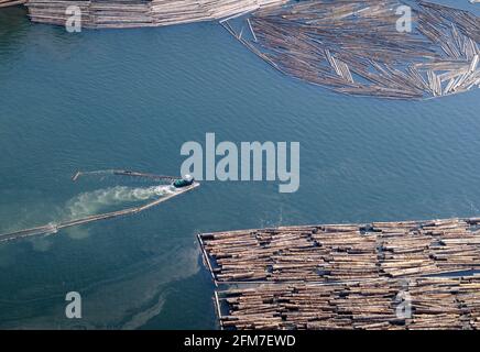 Luftaufnahme von Rundholz zum Fräsen im Ladysmith Harbour, British Columbia, Kanada. Stockfoto