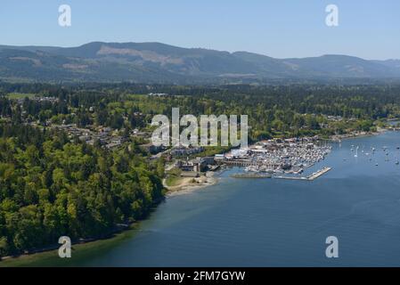 Cowichan Bay Luftaufnahme aus dem Osten, Vancouver Island, British Columbia Stockfoto