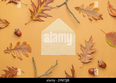Umschlag mit leerer Karte und Herbstblättern auf farbigem Hintergrund Stockfoto