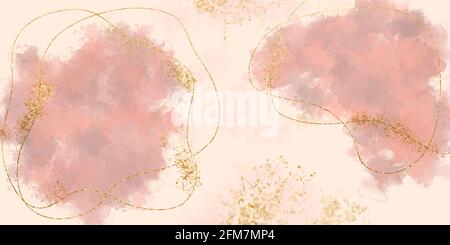 Minimalistische Zeichnung mit organischen Formen und goldenen Linien. Rosa Pastell Aquarell Hintergrund Stockfoto