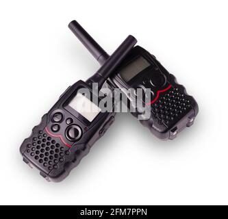 Zwei schwarze Walkie-Talkie-Antennen und Indikatoren auf einem weißen geschnitzt Hintergrund Stockfoto