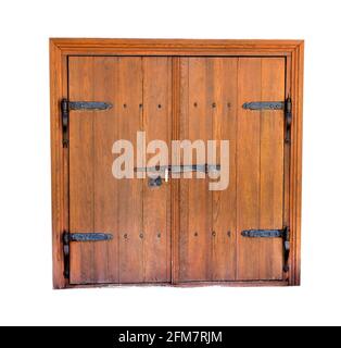 Versperrte Holztür auf weißem Hintergrund Stockfoto