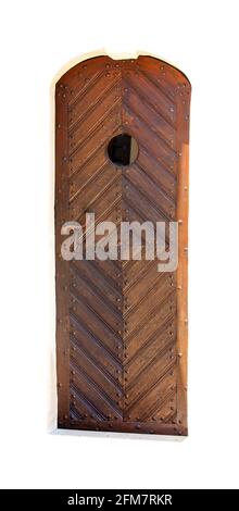 Alte hölzerne verschlossene Tür auf weißem Hintergrund Stockfoto
