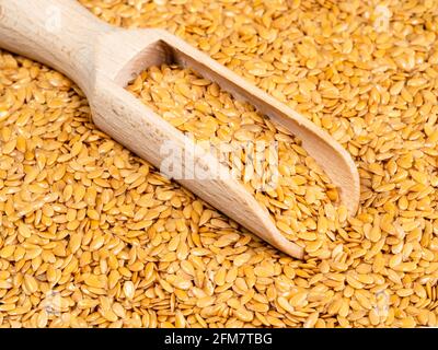 Holzlöffel in goldenen Leinsamen aus nächster Nähe Stockfoto