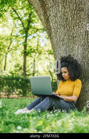 Schöne Afro-Frau, die in einem Garten auf einem Laptop tippt. Stockfoto