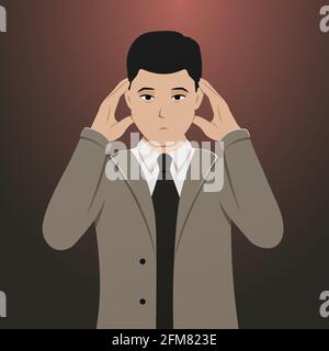 Eine Person, die unter Kopfschmerzen leidet. Vektordarstellung eines traurigen Mannes, der seinen Kopf mit den Händen hält. Verärgert. Stock Vektor